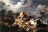 Horses Canvas Paintings - Horses and Oxen Attacked by Wolves